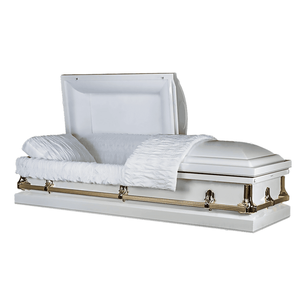 The Forever Series White/Gold casket — white 20-gauge steel with crepe interior