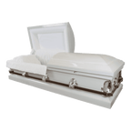 The Forever Series White/Silver casket — silver 20-gauge steel with white crepe interior (view 2)