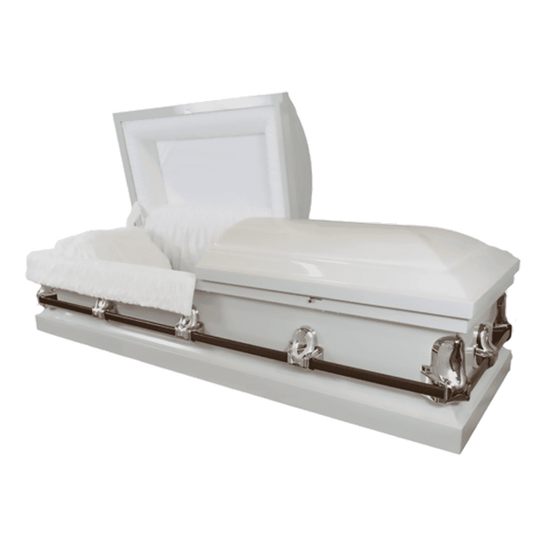The Forever Series White/Silver casket — silver 20-gauge steel with white crepe interior