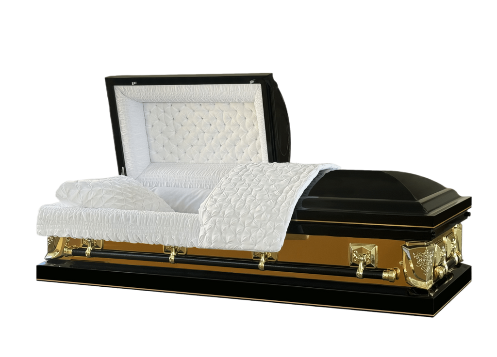 Galaxy Black casket — black 20-gauge steel with white crepe interior (view 2)