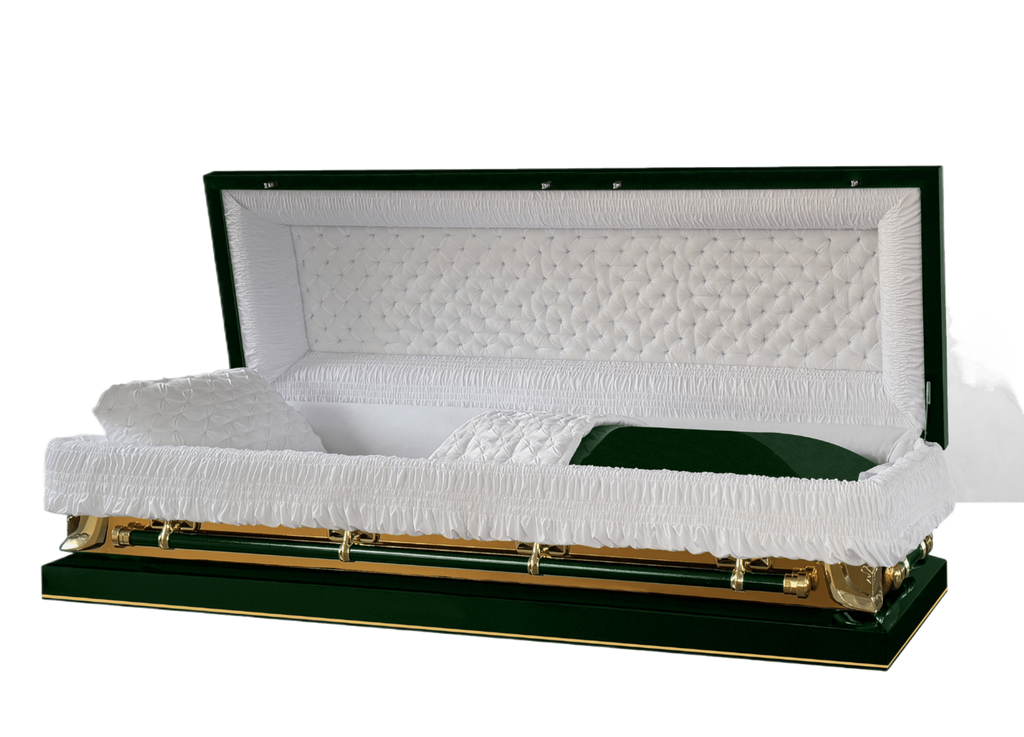 Galaxy Green Full Couch casket — green 20-gauge steel with white crepe interior (view 2)