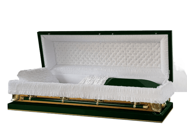 Galaxy Green Full Couch casket — green 20-gauge steel with white crepe interior