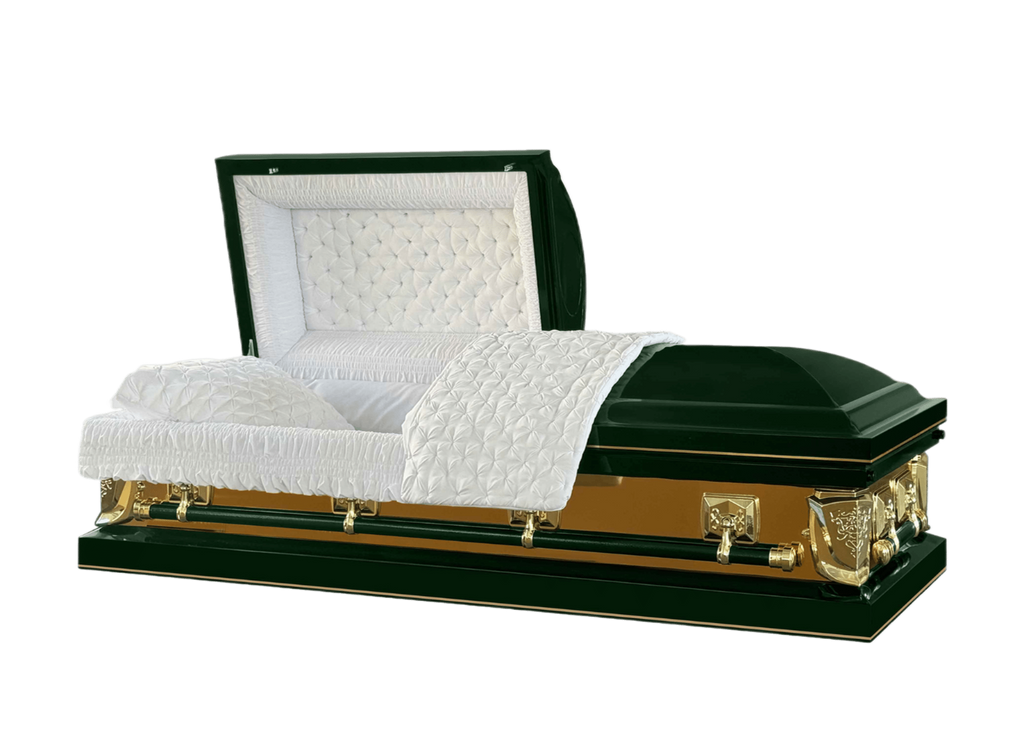 Reverance Series Green and Gold casket — green 20-gauge steel with white crepe interior (view 2)