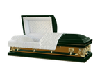 Reverance Series Green and Gold casket — green 20-gauge steel with white crepe interior (view 2)