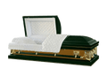 Reverance Series Green and Gold casket — green 20-gauge steel with white crepe interior