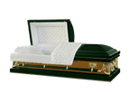 Reverance Series Green and Gold casket — green 20-gauge steel with white crepe interior