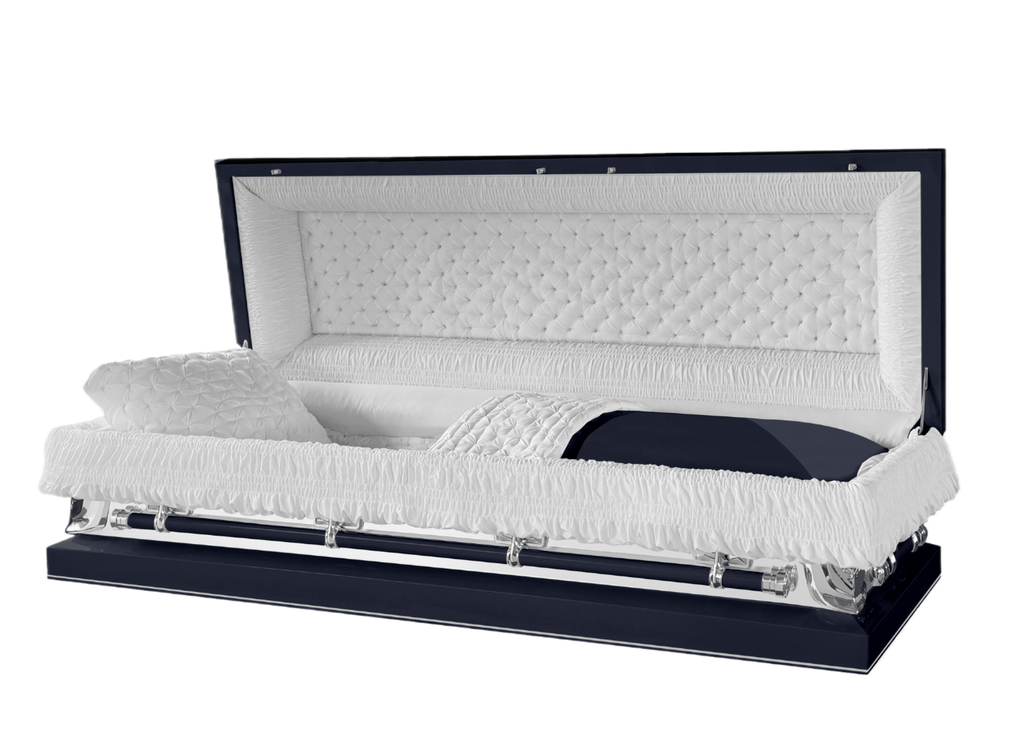 Galaxy Neo Full Couch casket — navy blue 20-gauge steel with white crepe interior (view 2)