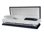 Galaxy Neo Full Couch casket — navy blue 20-gauge steel with white crepe interior (view 2)