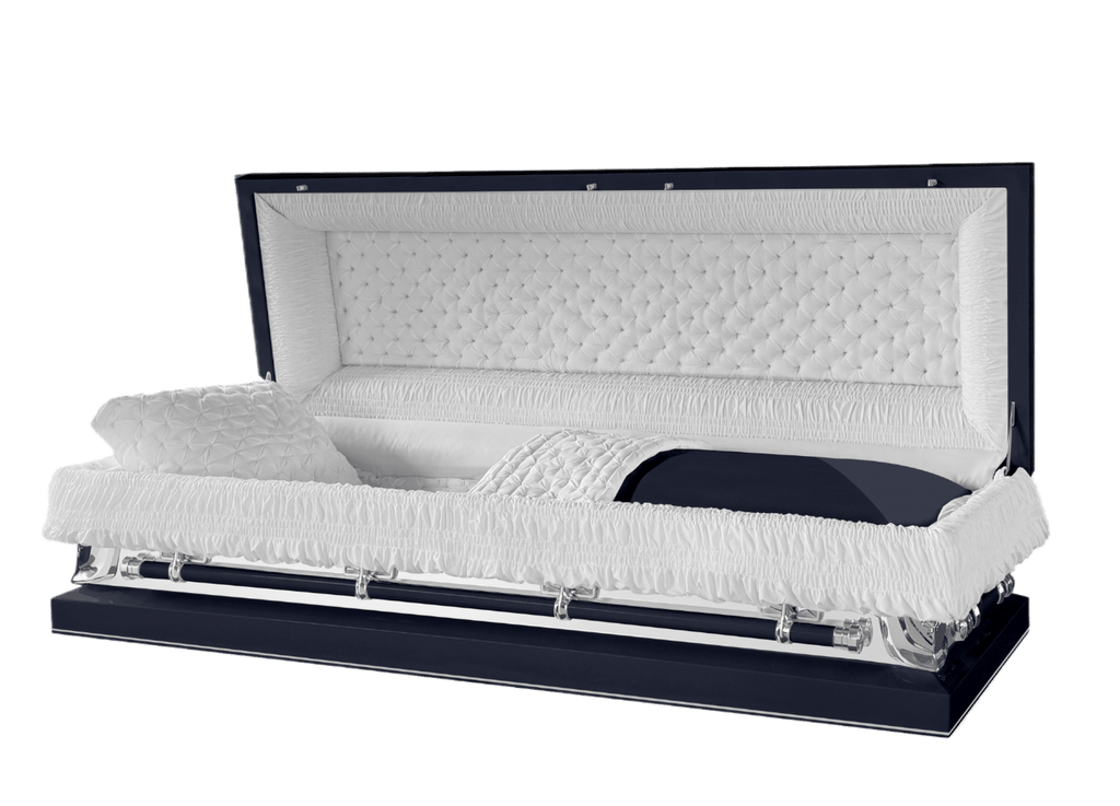 Galaxy Neo Full Couch casket — navy blue 20-gauge steel with white crepe interior