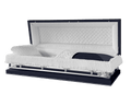 Galaxy Neo Full Couch casket — navy blue 20-gauge steel with white crepe interior