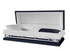 Galaxy Neo Full Couch casket — navy blue 20-gauge steel with white crepe interior