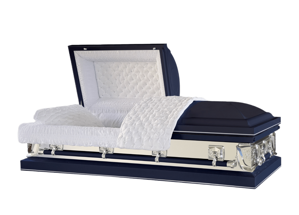 Galaxy Neo casket — navy blue 20-gauge steel with white crepe interior (view 2)