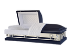 Galaxy Neo casket — navy blue 20-gauge steel with white crepe interior (view 2)