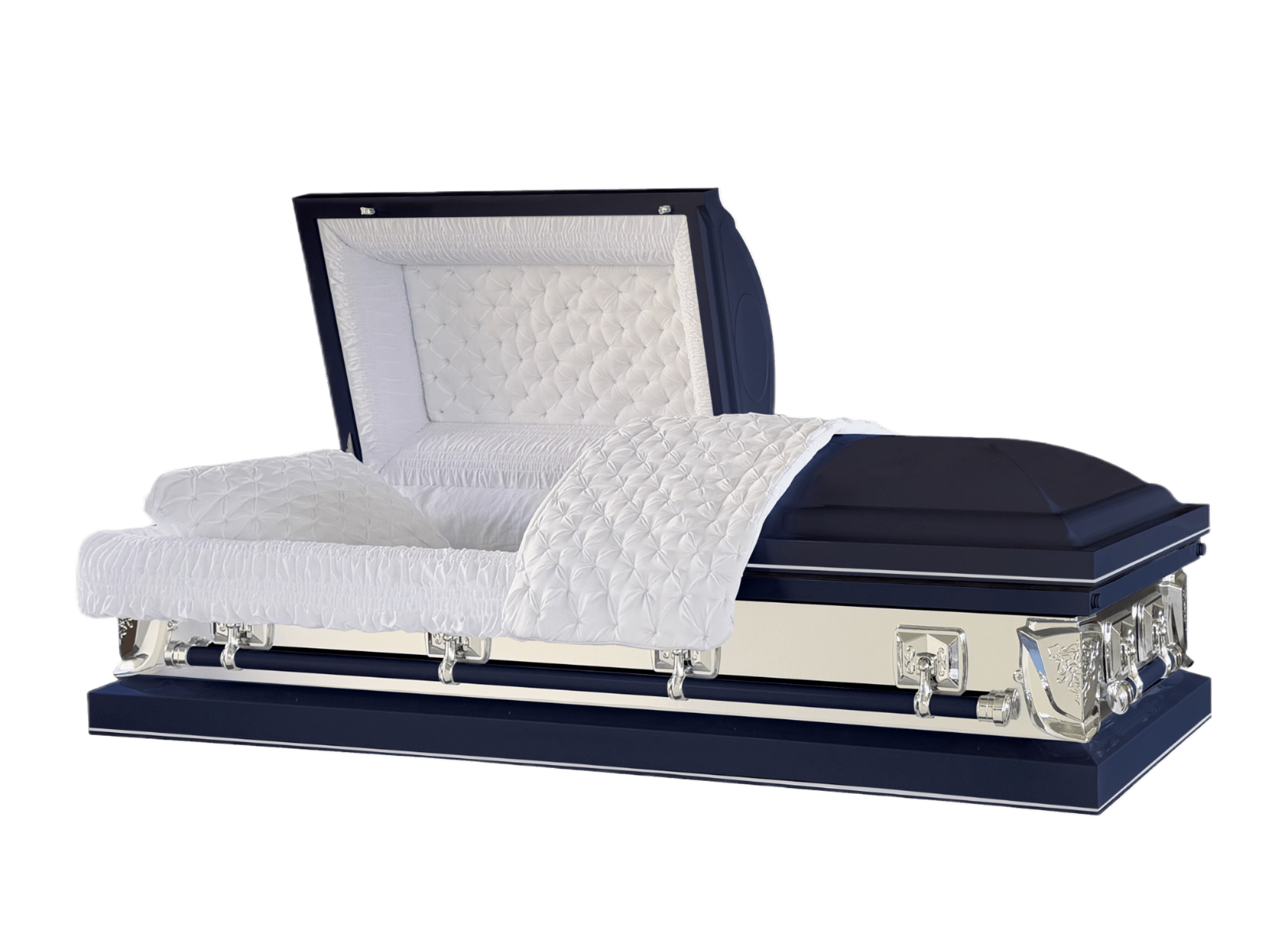 Galaxy Neo casket — navy blue 20-gauge steel with white crepe interior