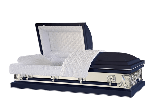 Galaxy Neo casket — navy blue 20-gauge steel with white crepe interior