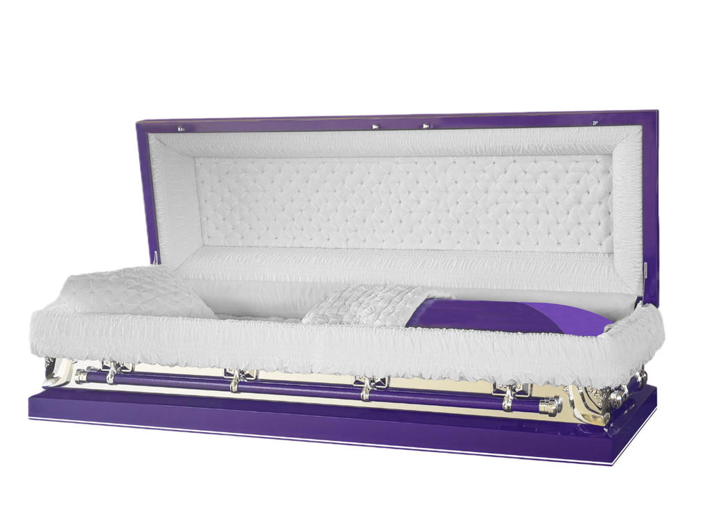 Galaxy Purple Full Couch casket — purple 20-gauge steel with white crepe interior (view 2)