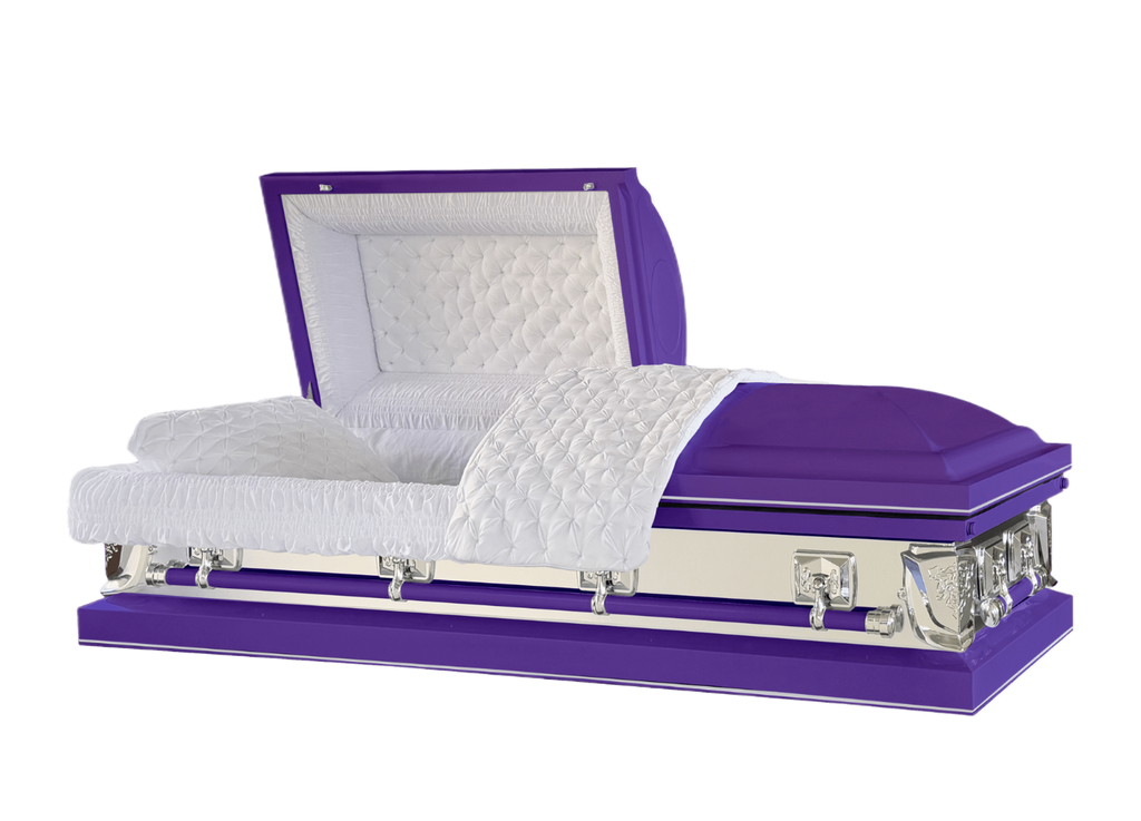 Galaxy Purple casket — purple 20-gauge steel with white crepe interior (view 2)