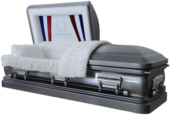 Galaxy Veteran Silver casket — silver 18-gauge steel with white velvet interior
