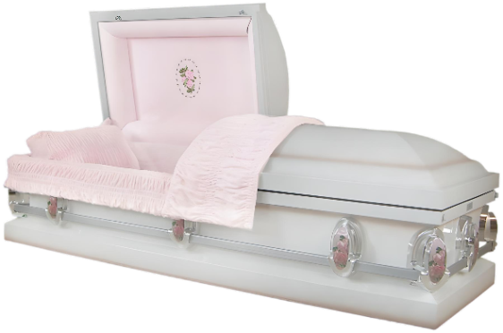 Galaxy White Rose casket — white 18-gauge steel with pink interior
