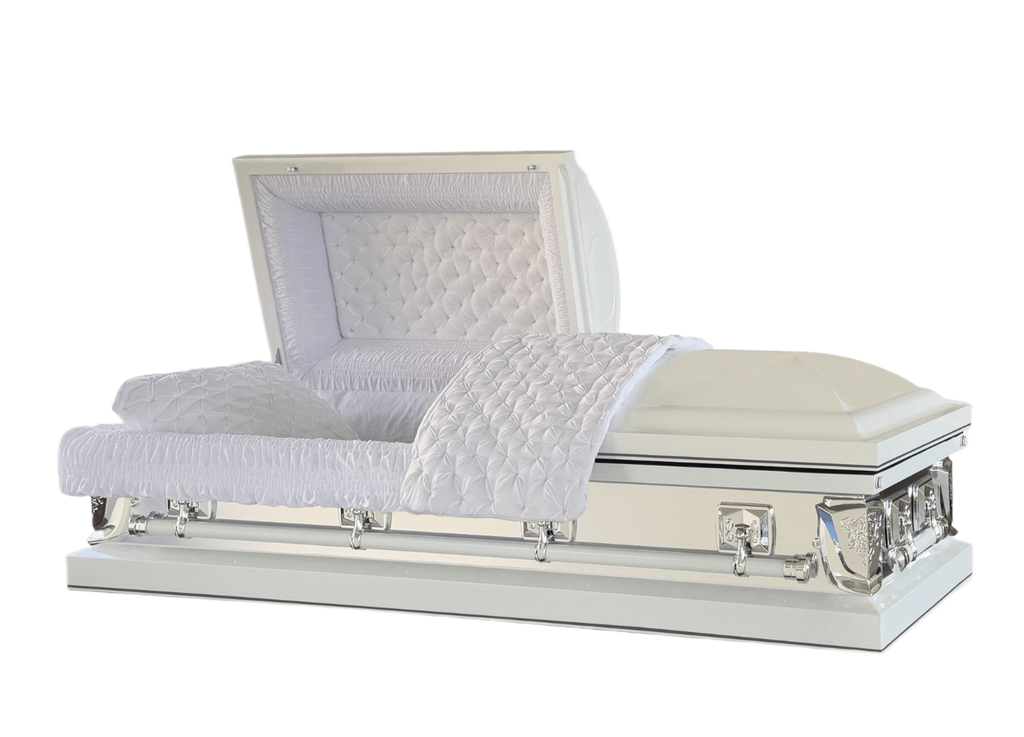 Galaxy White casket — white 20-gauge steel with white crepe interior (view 2)