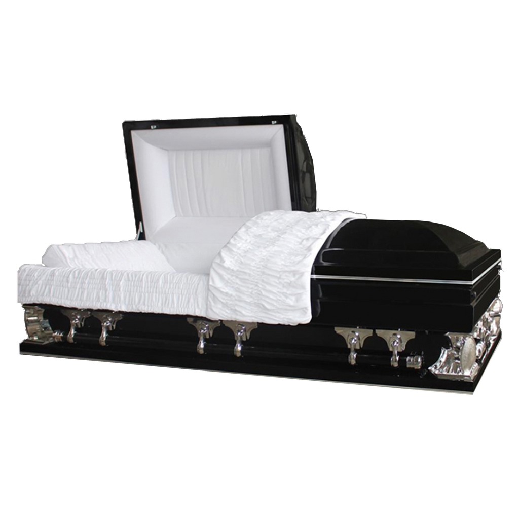 Gemini Series Black casket — black 18-gauge steel with white velvet interior (view 2)