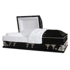Gemini Series Black casket — black 18-gauge steel with white velvet interior (view 2)