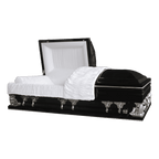 Gemini Series Black casket — black 18-gauge steel with white velvet interior