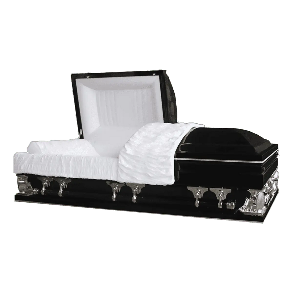 Gemini Series Black casket — black 18-gauge steel with white velvet interior (view 3)