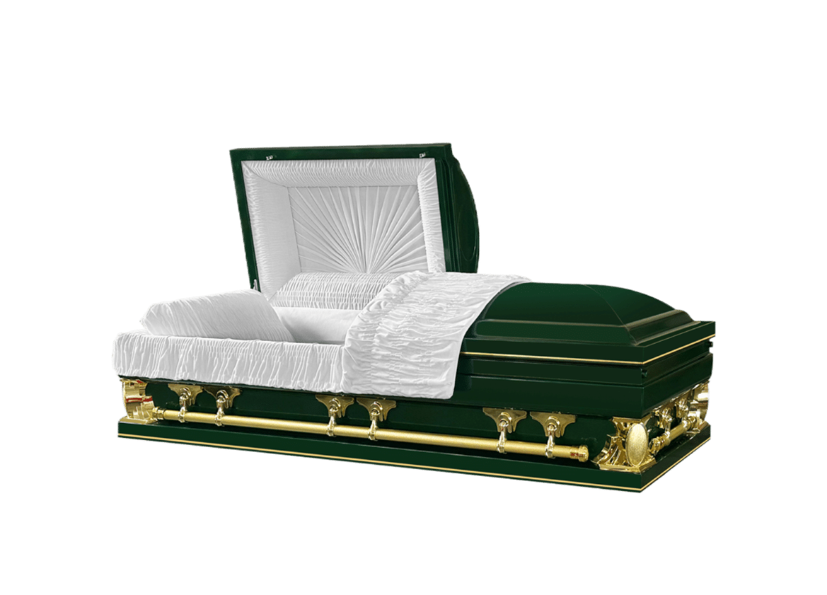 Gemini Series Green casket — green 18-gauge steel with white velvet interior (view 2)