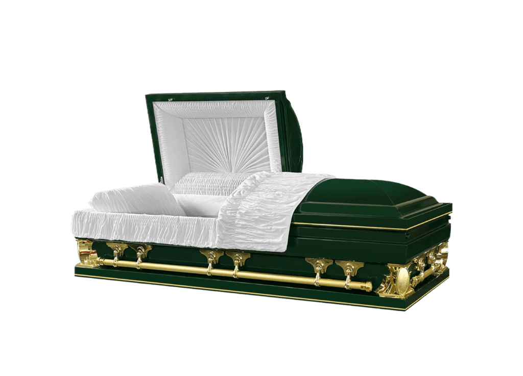 Gemini Series Green casket — green 18-gauge steel with white velvet interior
