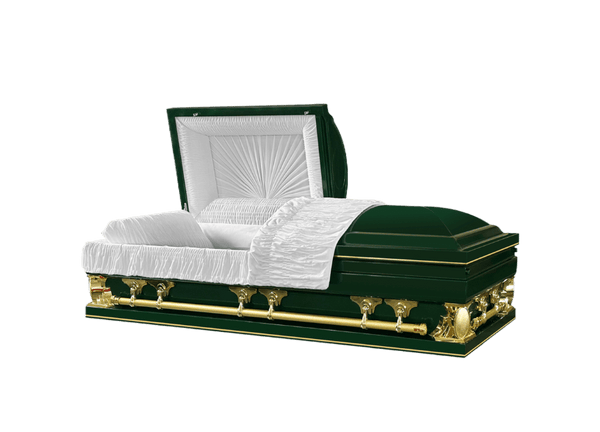 Gemini Series Green casket — green 18-gauge steel with white velvet interior