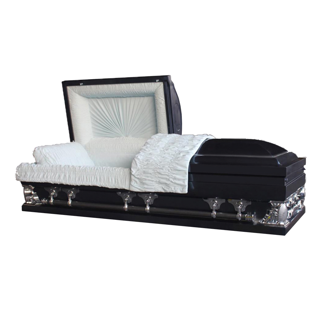 Gemini Series Navy Blue casket — navy blue 18-gauge steel with light blue velvet interior (view 2)