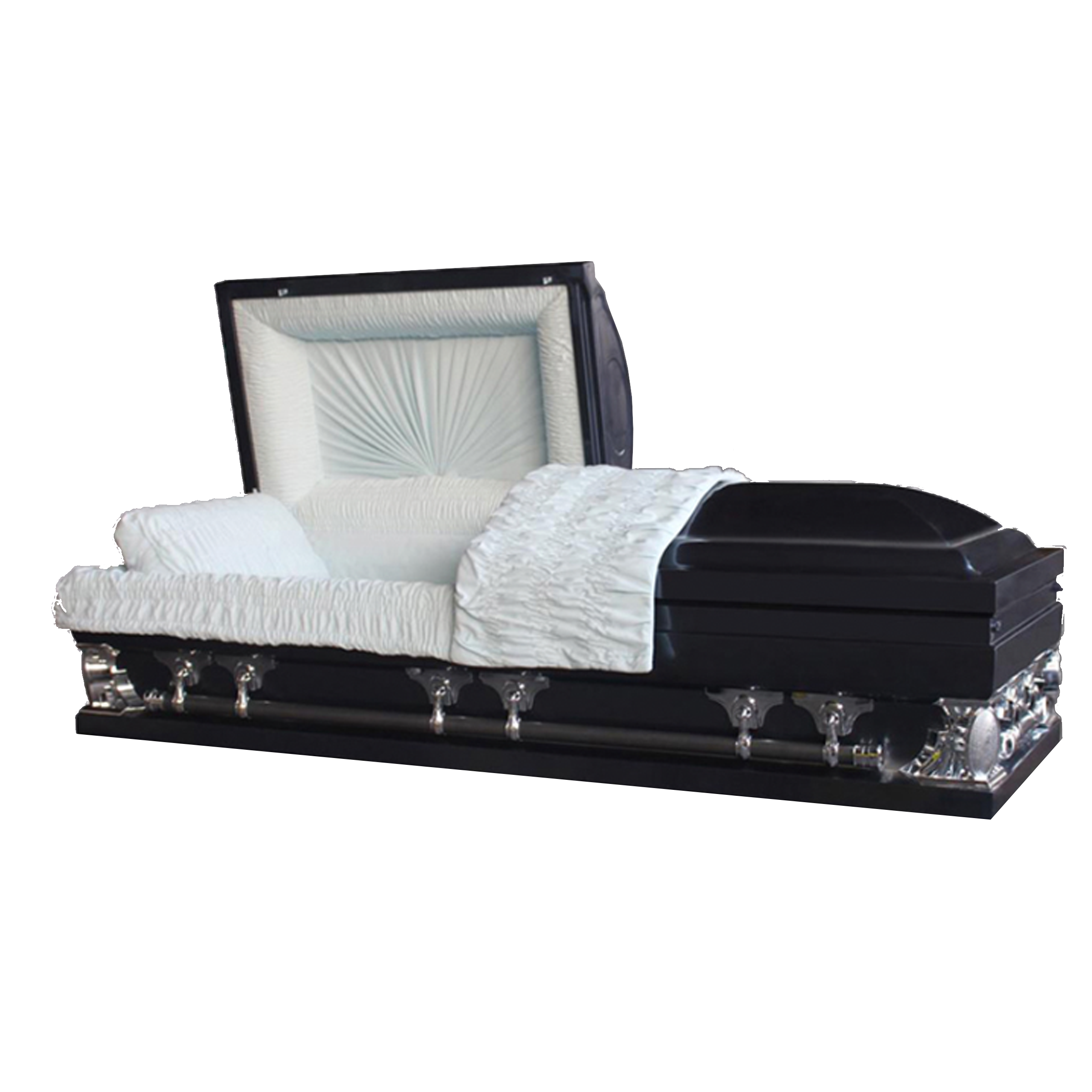 Gemini Series Navy Blue casket — navy blue 18-gauge steel with light blue velvet interior (view 2)