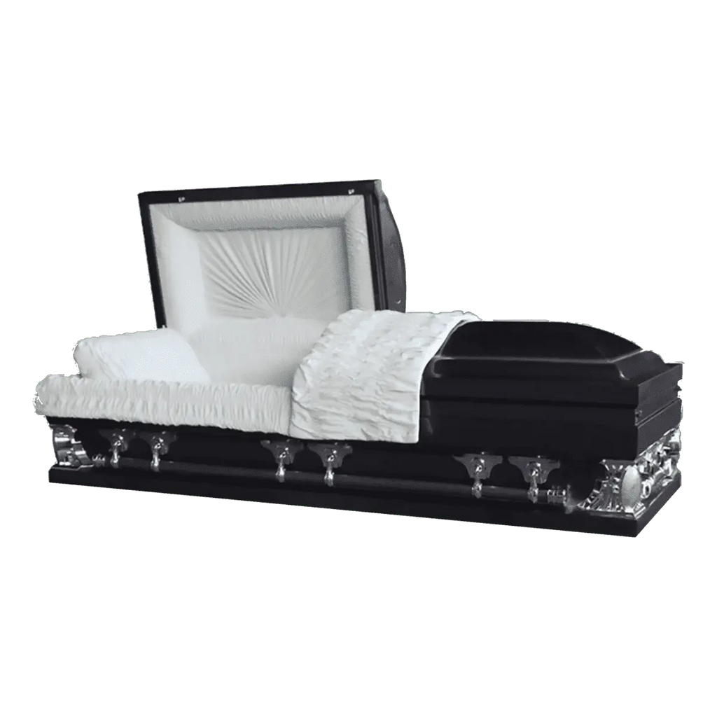 Gemini Series Navy Blue casket — navy blue 18-gauge steel with light blue velvet interior (view 3)