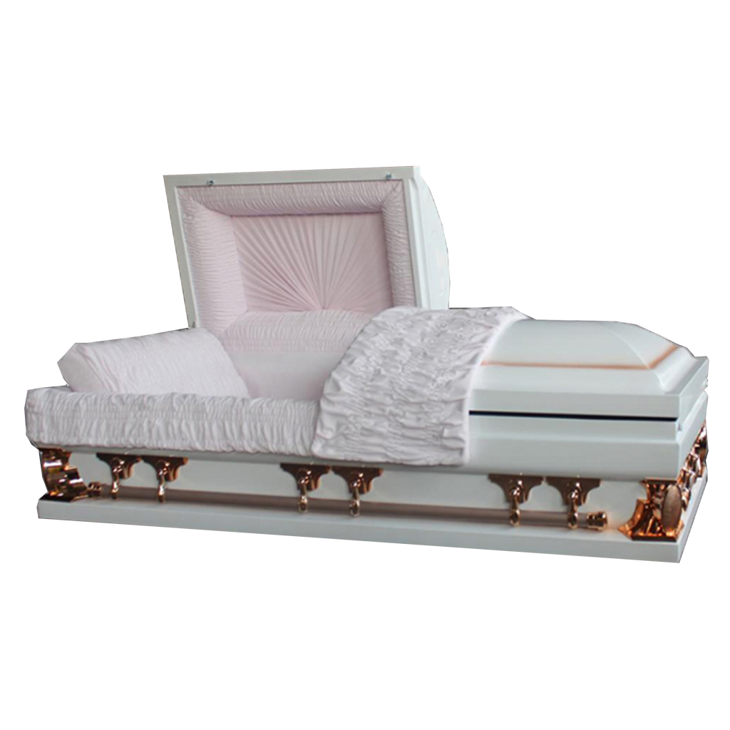 Gemini Series Primrose casket — white 18-gauge steel with pink velvet interior (view 2)