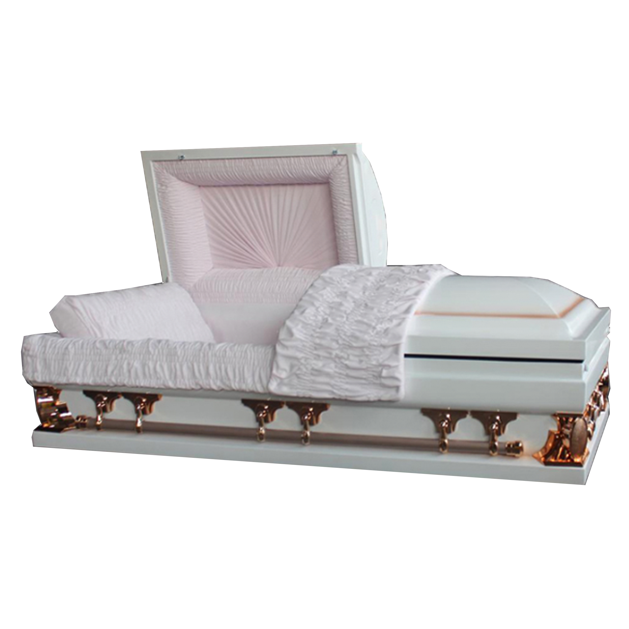 Gemini Series Primrose casket — white 18-gauge steel with pink velvet interior (view 2)