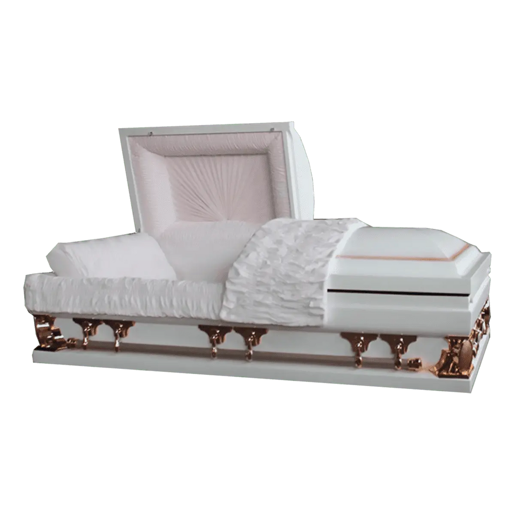 Gemini Series Primrose casket — white 18-gauge steel with pink velvet interior (view 3)