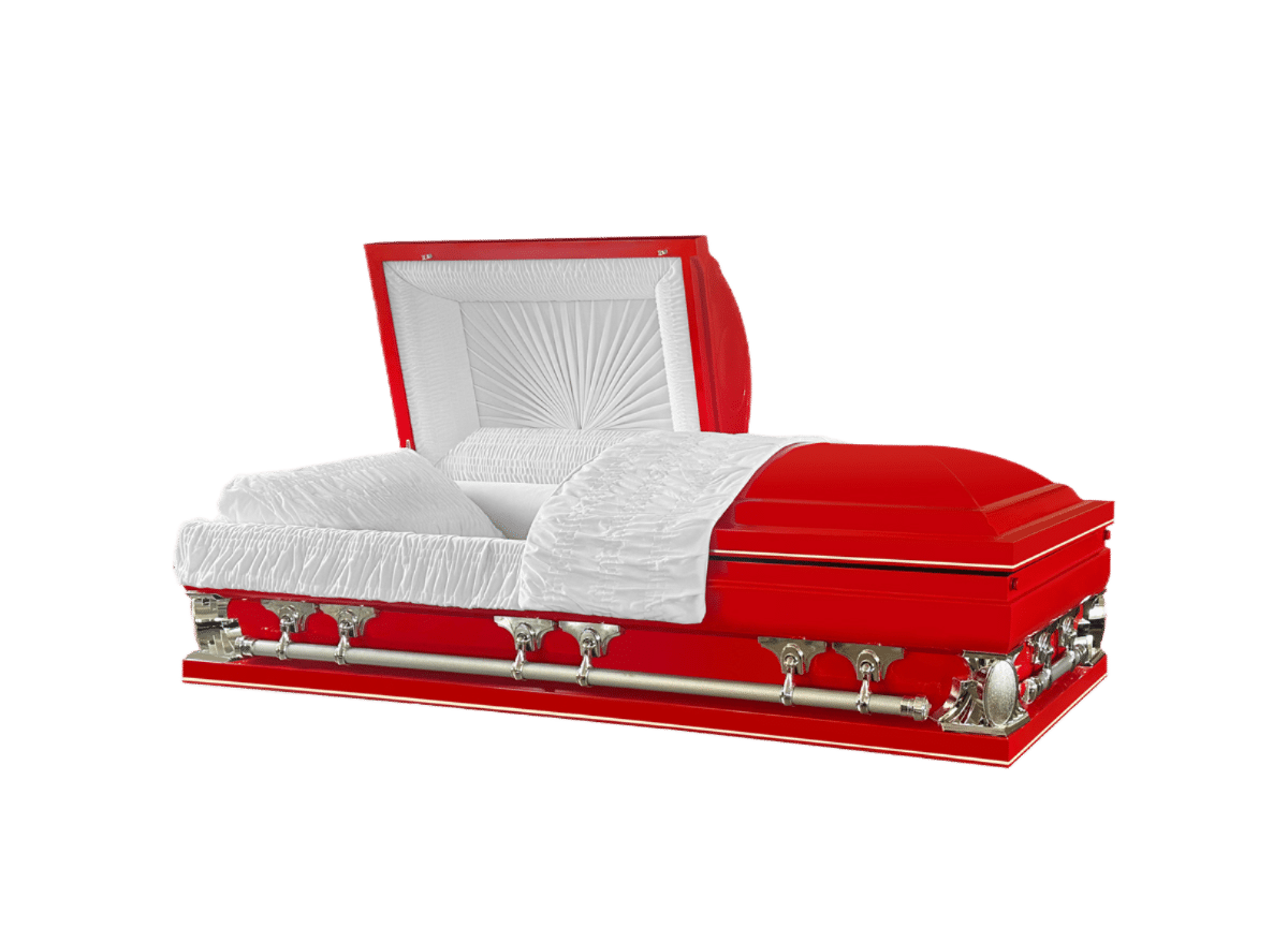 Gemini Series Red casket — red 18-gauge steel with white velvet interior (view 2)
