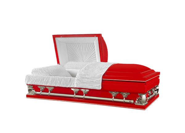 Gemini Series Red casket — red 18-gauge steel with white velvet interior