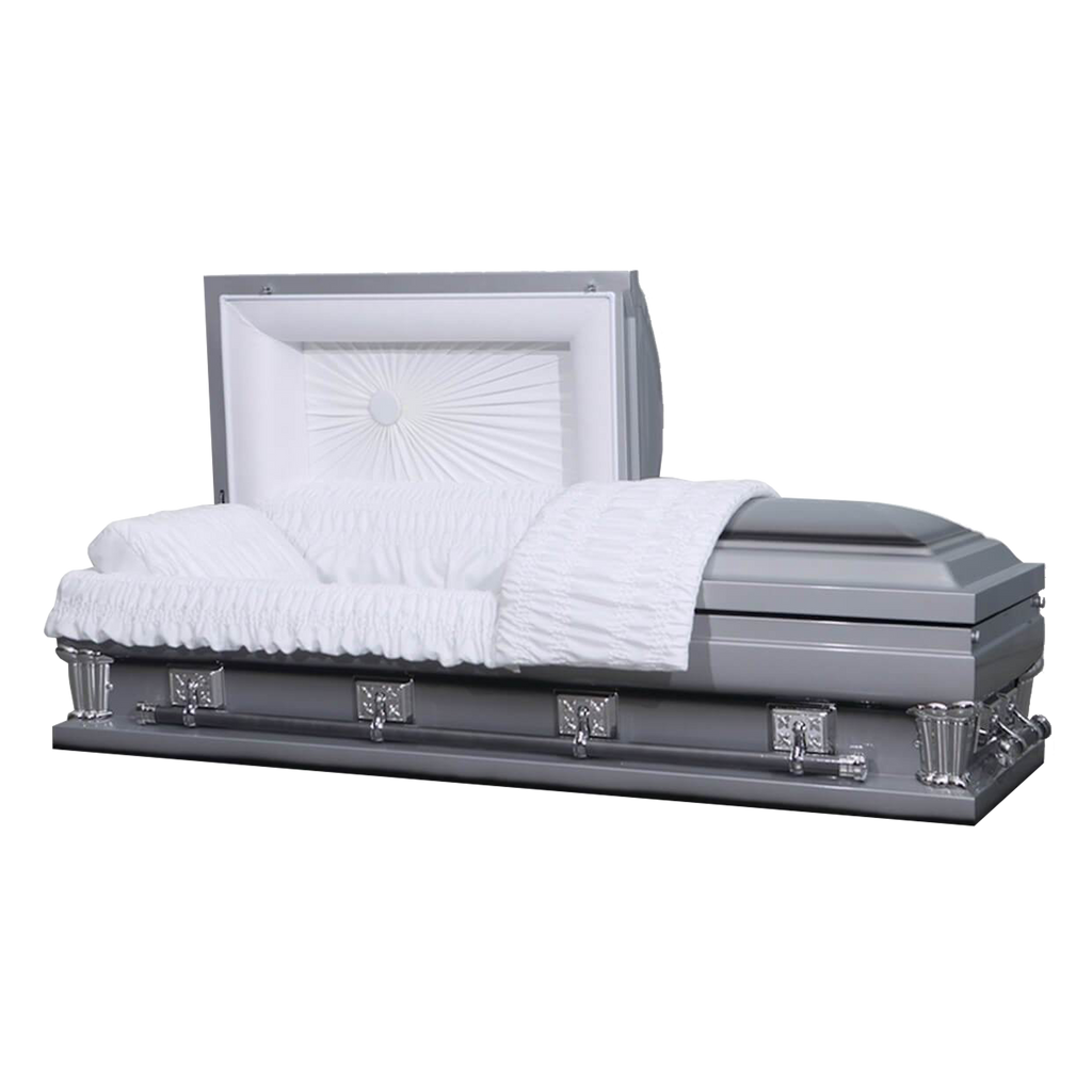 Gemini Series Silver casket — silver 18-gauge steel with white velvet interior (view 2)