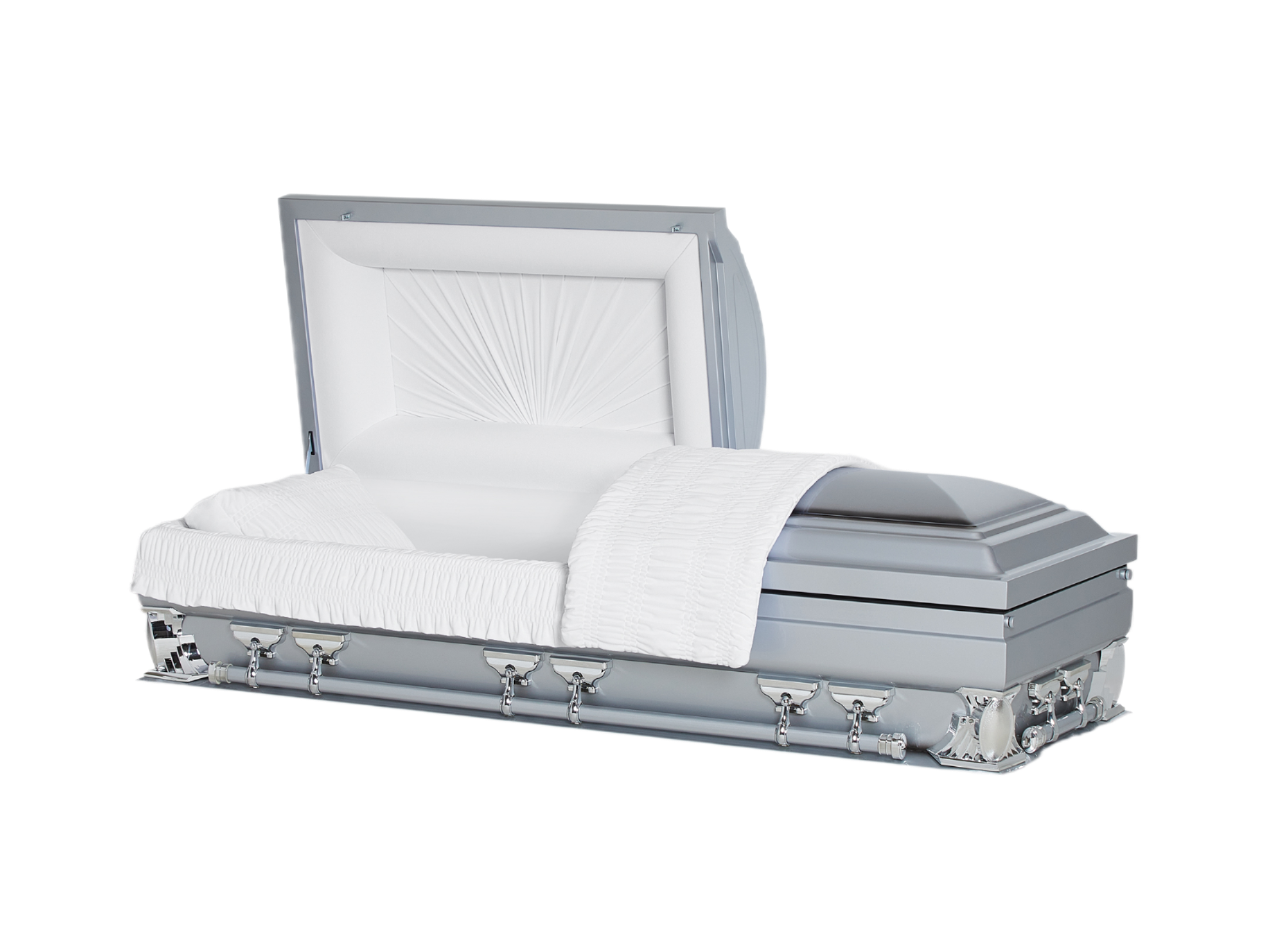 Gemini Series Silver casket — silver 18-gauge steel with white velvet interior