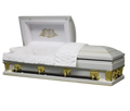 Gemini Series White Cross Oversize casket — white 18-gauge steel with white velvet interior