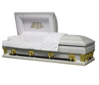 Gemini Series White Cross Oversize casket — white 18-gauge steel with white velvet interior
