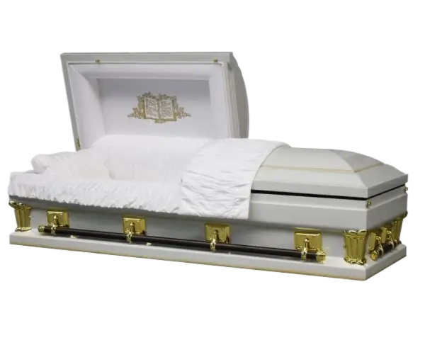 Gemini Series White Cross Oversize casket — white 18-gauge steel with white velvet interior