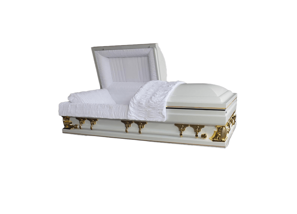 Gemini Series White Pearl casket — white 18-gauge steel with pink velvet interior (view 2)