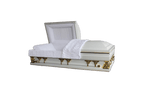 Gemini Series White Pearl casket — white 18-gauge steel with pink velvet interior