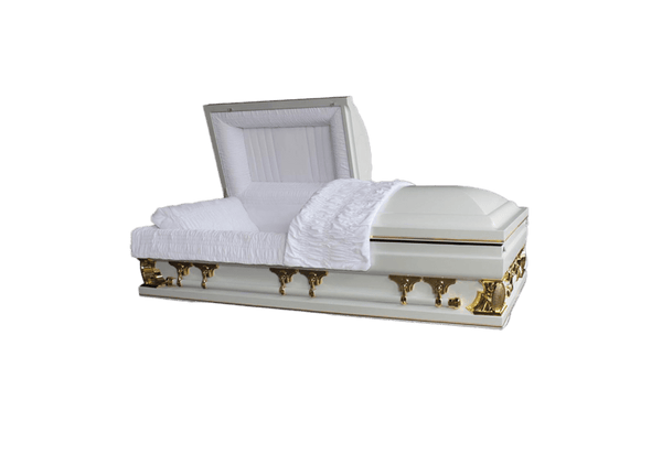 Gemini Series White Pearl casket — white 18-gauge steel with pink velvet interior