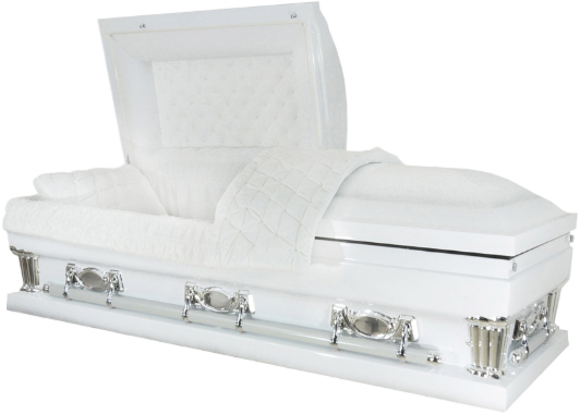 Gemini Series White/Silver casket — white 18-gauge steel with white velvet interior