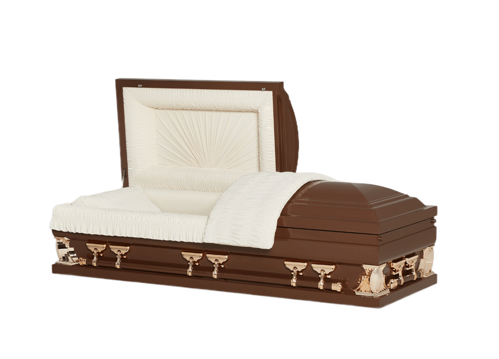 Gemini Series Woods casket — brown 18-gauge steel with ivory velvet interior (view 2)