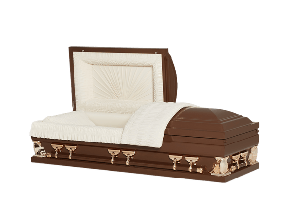 Gemini Series Woods casket — brown 18-gauge steel with ivory velvet interior